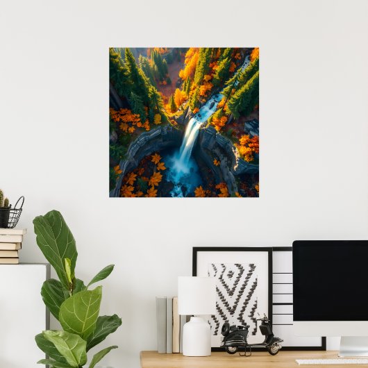 Autumn Canyon Waterfall – Vibrant Fall Forest Land Poster (Heimbüro)