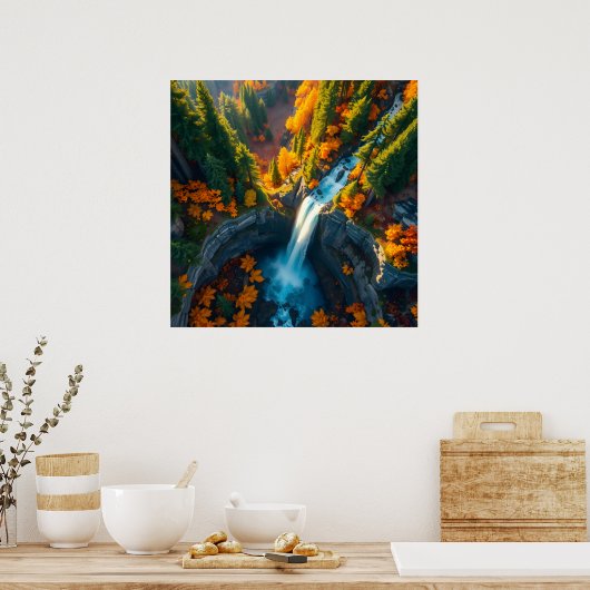 Autumn Canyon Waterfall – Vibrant Fall Forest Land Poster (Küche)