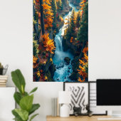 Autumn Canyon Waterfall – Vibrant Fall Forest Land Poster (Heimbüro)