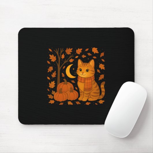 Autumn Cat Illustration With Falling Leaves For Ev Mousepad (Mit Mouse)