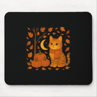 Autumn Cat Illustration With Falling Leaves For Ev Mousepad
