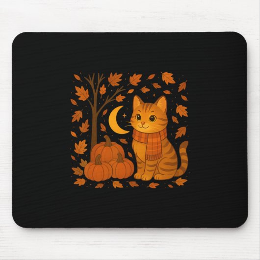 Autumn Cat Illustration With Falling Leaves For Ev Mousepad (Vorne)