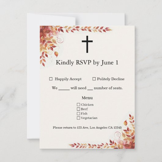 Autumn Catholic Red and Gold Wedding RSVP Karte (Vorderseite)