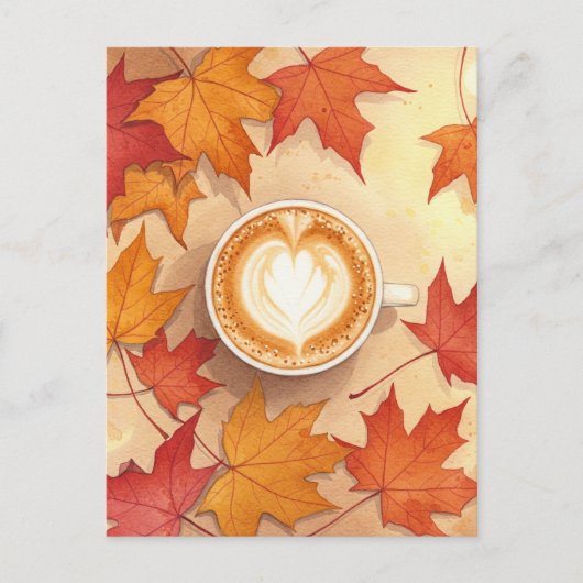 Autumn Coffee Postcard Cozy Fall Leaves Latte Art Postkarte (Vorderseite)