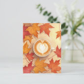 Autumn Coffee Postcard Cozy Fall Leaves Latte Art Postkarte (Stehend Vorderseite)