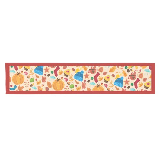 Autumn Cosy Fall Pattern Red Border Pumpkins Leaf Kurzer Tischläufer (Horizontal)