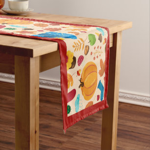 Autumn Cosy Fall Pattern Red Border Pumpkins Leaf Kurzer Tischläufer