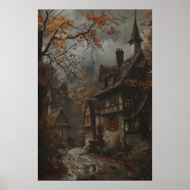 Autumn Cottage Art Print, Rustic Fall Wall Art Poster