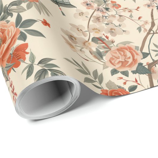Autumn Cream Orange Floral Chinoiserie Geschenkpapier (Rolleneckpunkt)
