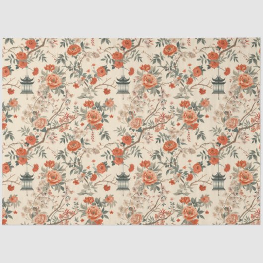 Autumn Cream Orange Floral Chinoiserie Seidenpapier (Vorderseite)
