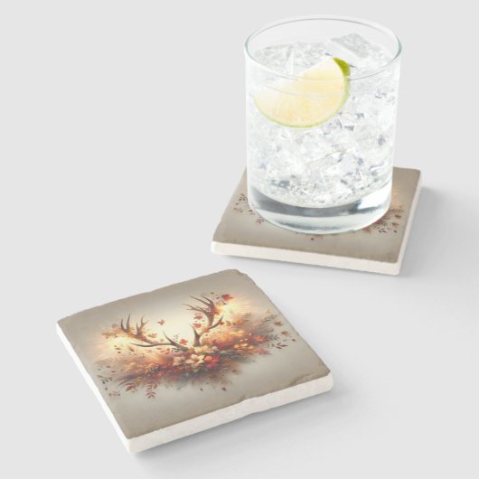 Autumn Deer Antler Bouquet Steinuntersetzer (Seitenansicht)