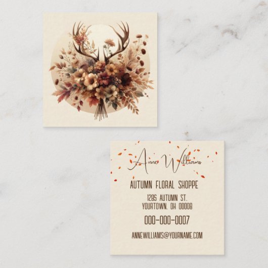 Autumn Deer Antlers Floral Bouquet Quadratische Visitenkarte (Vorne/Hinten)