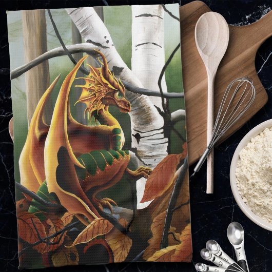Autumn Dragon Orange Green Fantasy Geschirrtuch