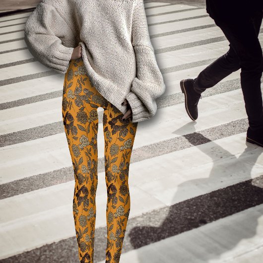 Autumn Exotic Florals Royal Orange Leggings