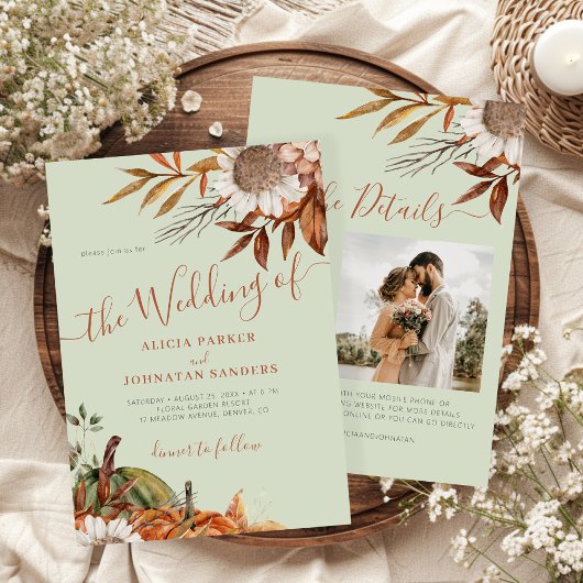 Autumn fall botanical sage green QR code wedding Einladung