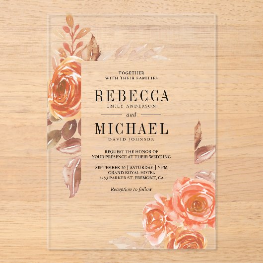 Autumn Fall Burnt Orange Floral Terracotta Wedding Acryleinladungen (Vorderseite)