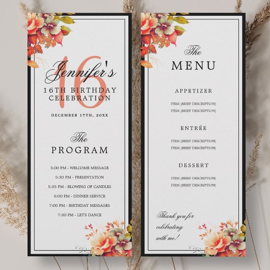 Autumn Fall Floral 16th Birthday Program Menu  Einladung