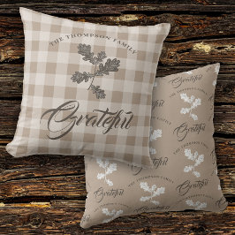 Autumn Fall Gratitude Family Name Taupe Plaid Kissen
