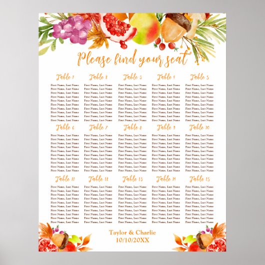 Autumn Fall Harvest 15 Tables Seating Chart Poster (Vorne)
