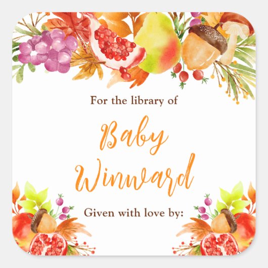 Autumn Fall Harvest Baby Shower Bookplate Quadratischer Aufkleber (Vorderseite)