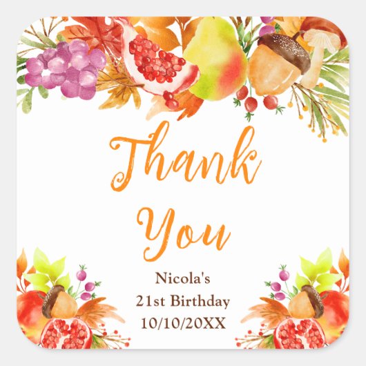 Autumn Fall Harvest Birthday Thank You Quadratischer Aufkleber (Vorderseite)