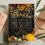 Autumn fall rustic floral chic 80 fabulous years einladung<br><div class="desc">Beautiful rusty orange and dark burgundy autumn fall flowers and pumpkin borders with strings of golden twinkle lights over a dark brown barn wood background making a charming elegant 80 years birthday party invitation with a trendy handwriting gold typography script. Easy to personalize with your details! Suitable for traditional rustic...</div>