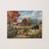 Autumn Farm Dog Tractor Red Barn Fall Scene Puzzle (Horizontal)