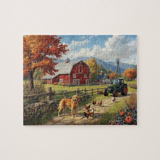 Autumn Farm Dog Tractor Red Barn Fall Scene Puzzle (Horizontal)