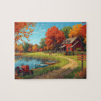 Autumn Farm Pond Red House Tractor Scene Puzzle