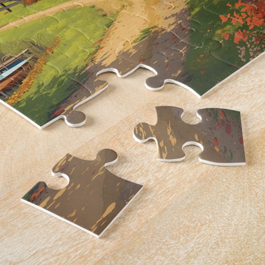 Autumn Farm Pond Red House Tractor Scene Puzzle (Seite)