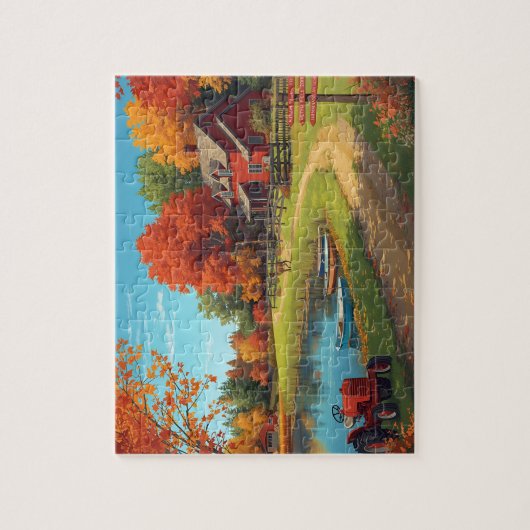 Autumn Farm Pond Red House Tractor Scene Puzzle (Vertikal)