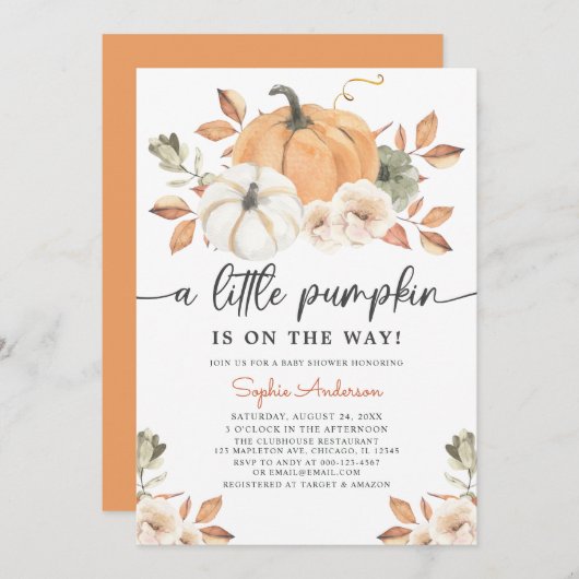 Autumn Floral Little Pumpkin Baby Shower Einladung (Vorne/Hinten)