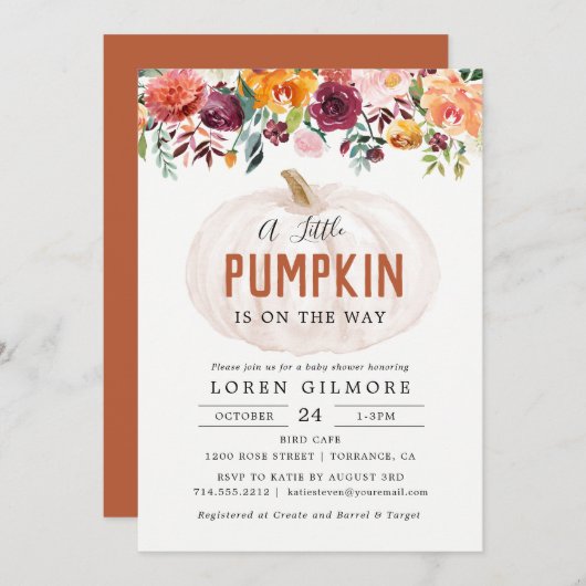 Autumn Floral Little Pumpkin Baby Shower Einladung (Vorne/Hinten)