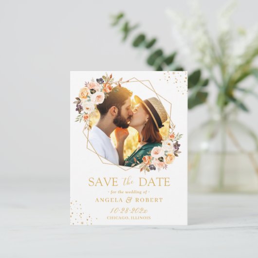Autumn Floral Modern Gold Geometric Save the Date Postkarte (Stehend Vorderseite)