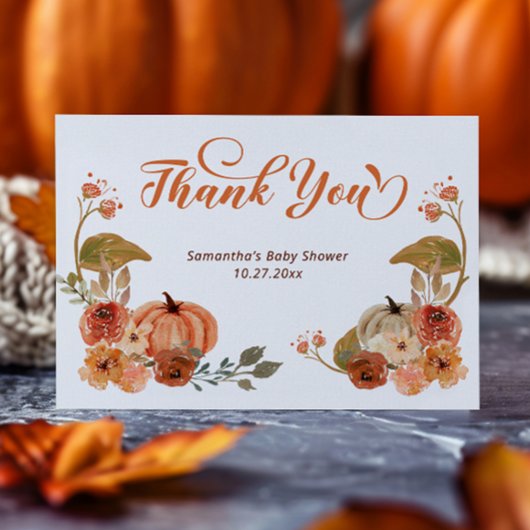 Autumn Floral Pumpkin Baby Shower Dankeskarte