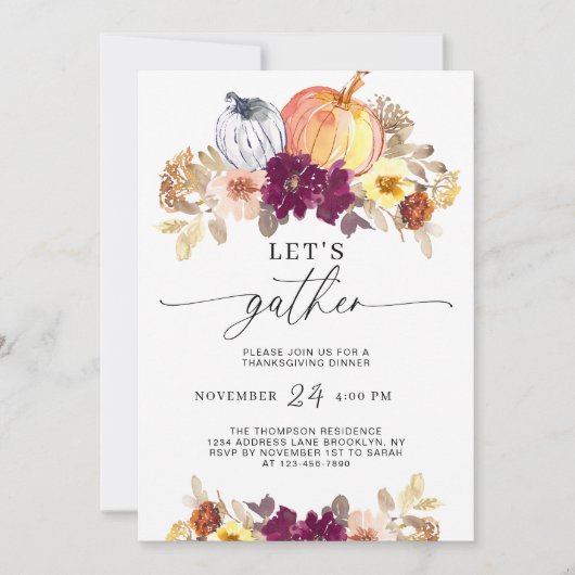 Autumn Floral Pumpkin Watercolor Erntedank Einladung (Vorderseite)