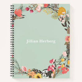 Autumn Floral Wreath auf Sage Green mit Name Notizblock