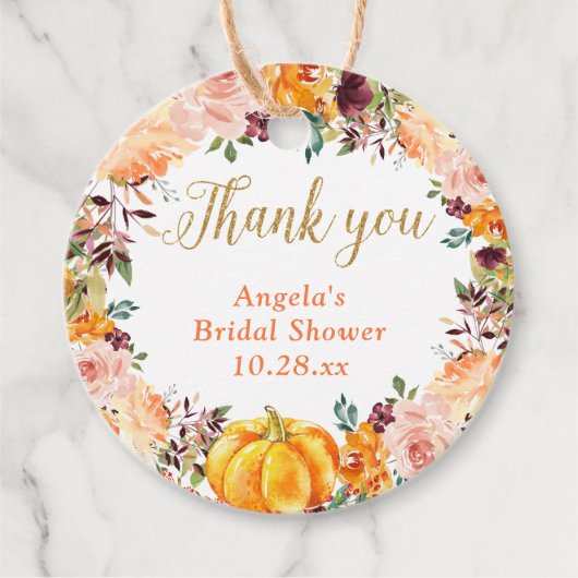 Autumn Floral Wreath Pumpkin Gold Vielen Dank Geschenkanhänger (Vorderseite)