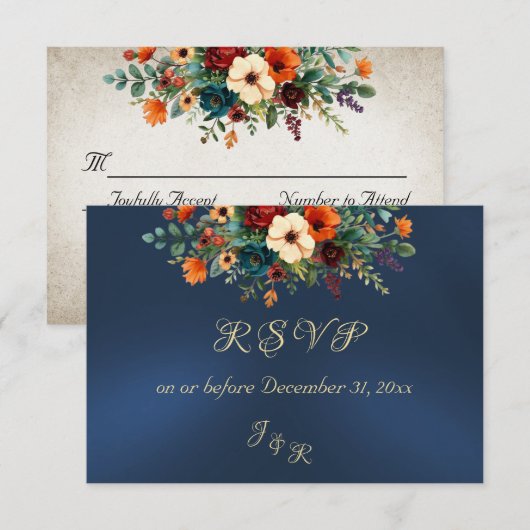 Autumn Floral & Wreath RSVP - Blue Karte (Vorne/Hinten)