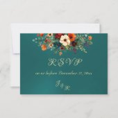 Autumn Floral & Wreath RSVP - Teal Karte (Vorderseite)