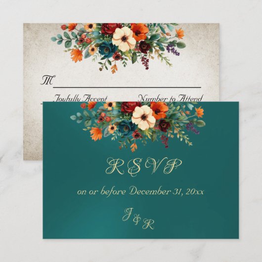 Autumn Floral & Wreath RSVP - Teal Karte (Vorne/Hinten)