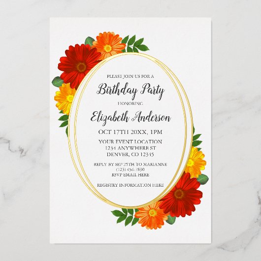 Autumn Florals Birthday Folieneinladung (Vorderseite)