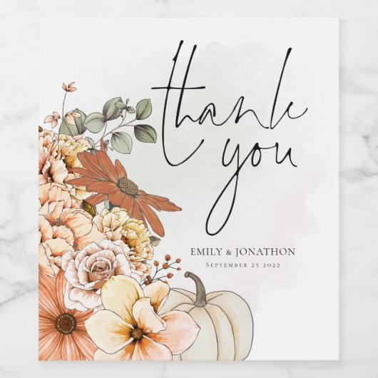 Autumn Florals Names Date Wedding Vielen Dank Weinetikett (Einzelnes Label)