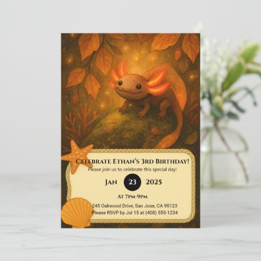 Autumn Forest Axolotl Birthday  Einladung (Stehend Vorderseite)