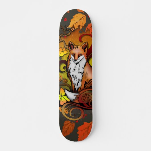 Autumn Fox Dark Grey Leaves Illustration Skateboard (Vorne)
