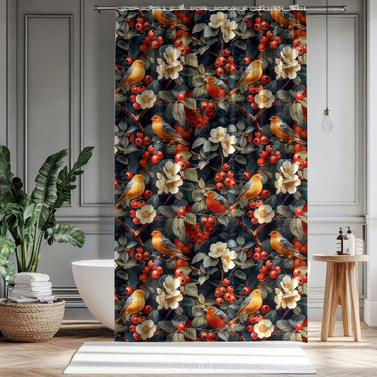 Autumn Garden Curtain Birds Flowers for Their Bath Duschvorhang