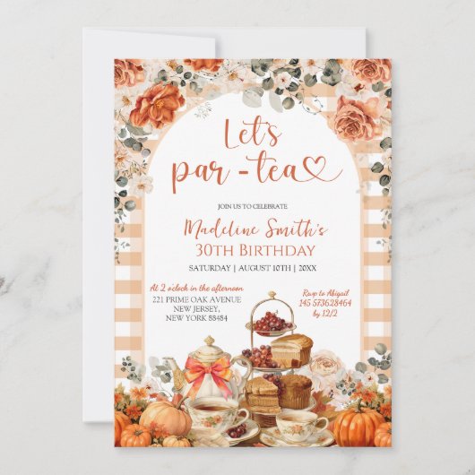 Autumn Gingham Pumpkin Let's ParTea Birthday Party Einladung (Vorderseite)
