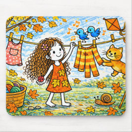 Autumn Girl Cat Clothesline Mouse Pad Mousepad