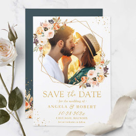 Autumn Gold Floral Modern Geometric Frame Foto Save The Date