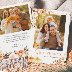 Autumn Gold Pumpkin Floral 2 Photos Thanksgiving Feiertagskarte
